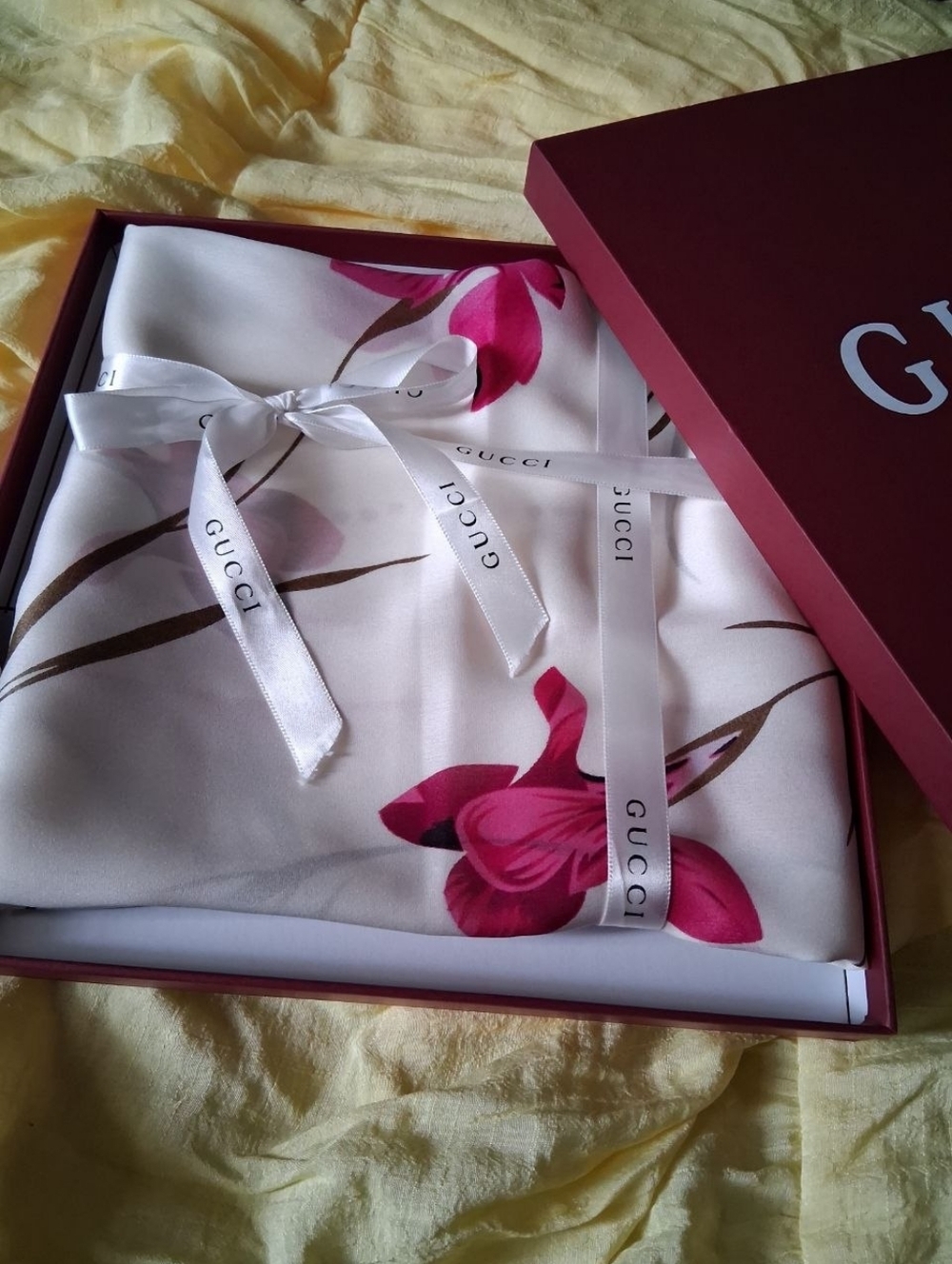 Silk Floral Scarf in White and Fuchsia